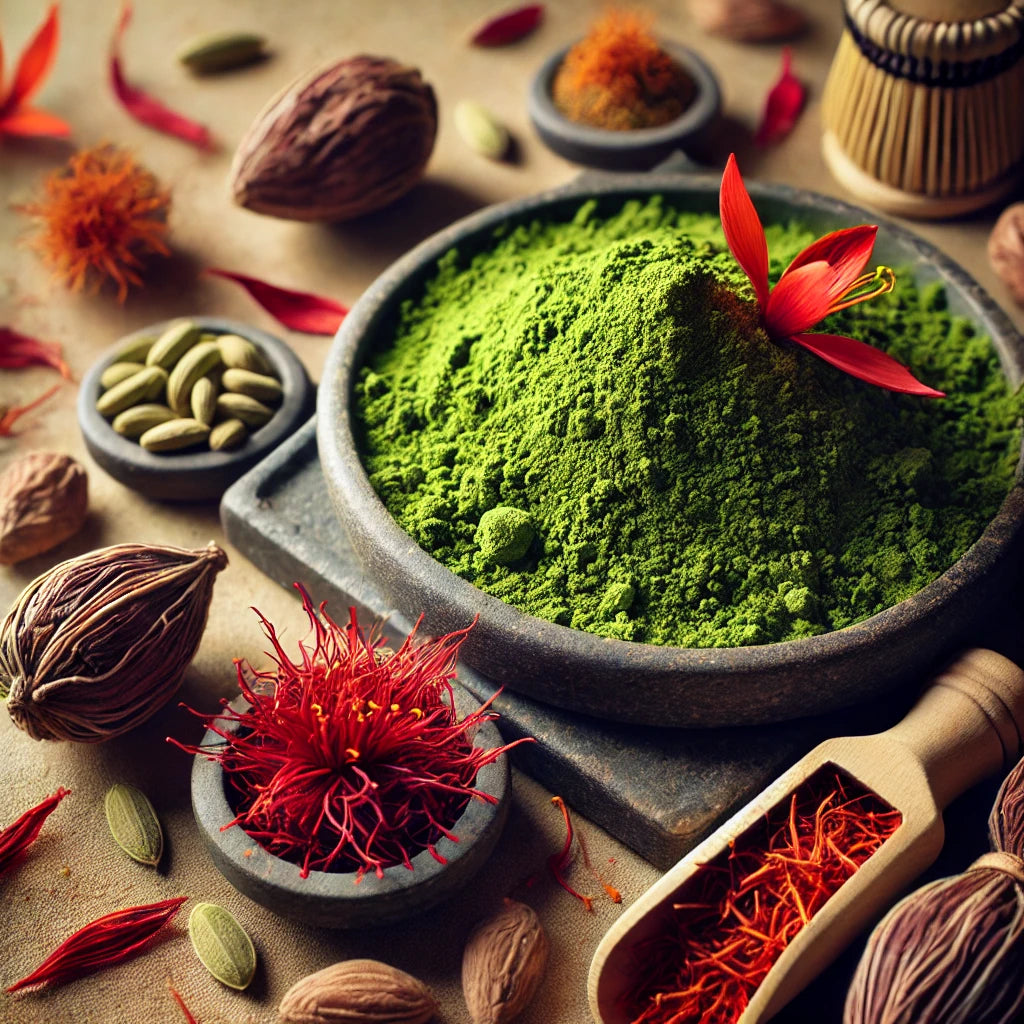 100% Certified Organic Pure Matcha, Saffron, Cardamom & Rose Blend