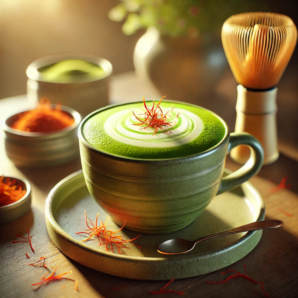 100% Certified Organic Pure Matcha, Saffron, Cardamom & Rose Blend